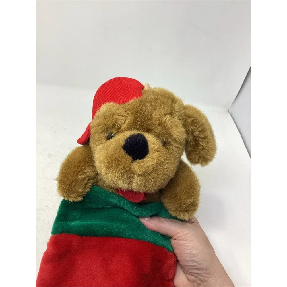VTG Brown Dog Head Plush Red Green Velour Christmas Stocking 14